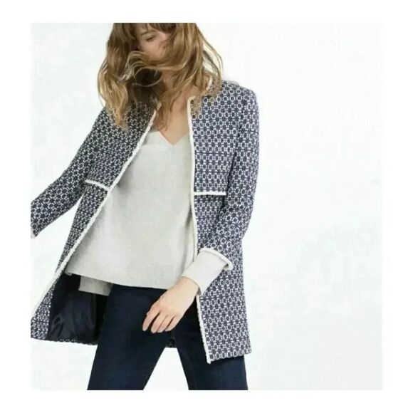 ZARA WOMAN BLUE PRINTED COAT BOHEMIAN JACQUARD JACKET 'LONG COAT' SZ XS - Picture 4 of 16
